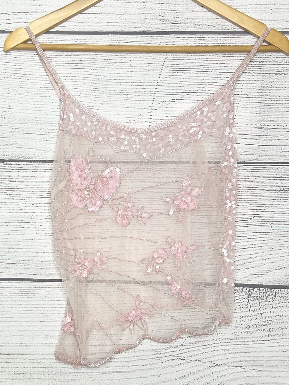 Y2K Sheer Pink Beaded Embroidered Asymmetrical Butterfly Camisole Top Size Small - Picture 4 of 10